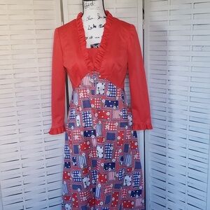 Handmade Vintage 70' high waist long sleeve red and blue print midi dress
